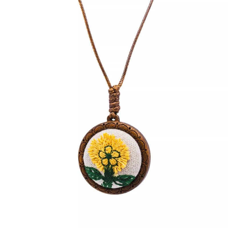 Daisy Embroidery Wooden Pendant Necklace