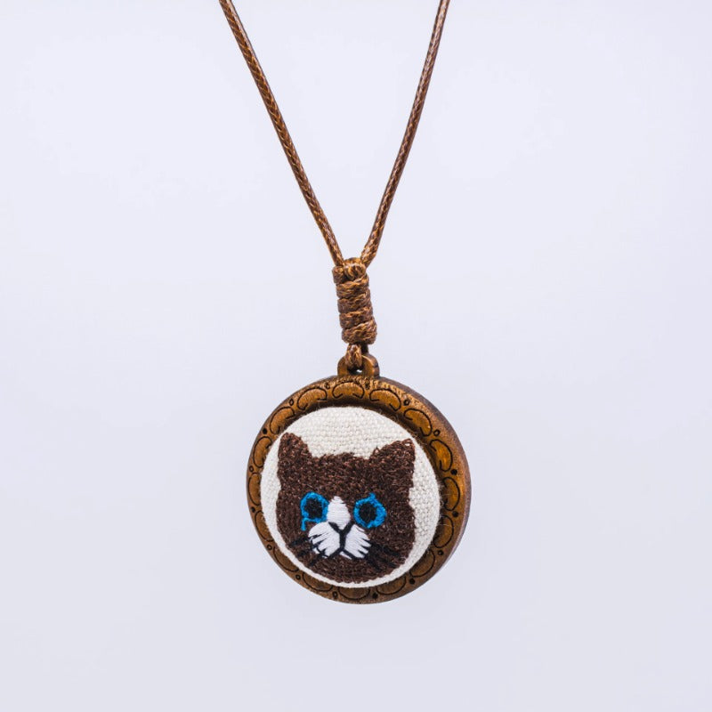 Cat Embroidery Wooden Pendant Necklace