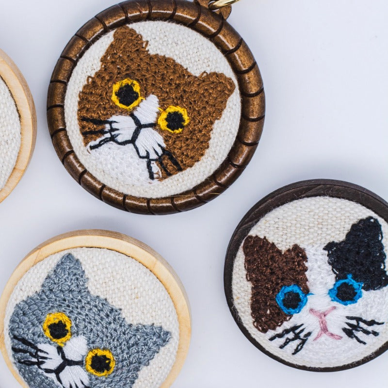 Cat Embroidery Wooden Pendant Necklace