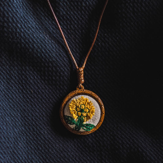 Daisy Embroidery Wooden Pendant Necklace