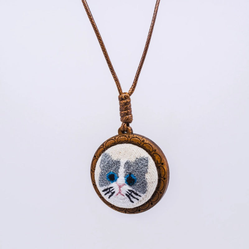Cat Embroidery Wooden Pendant Necklace