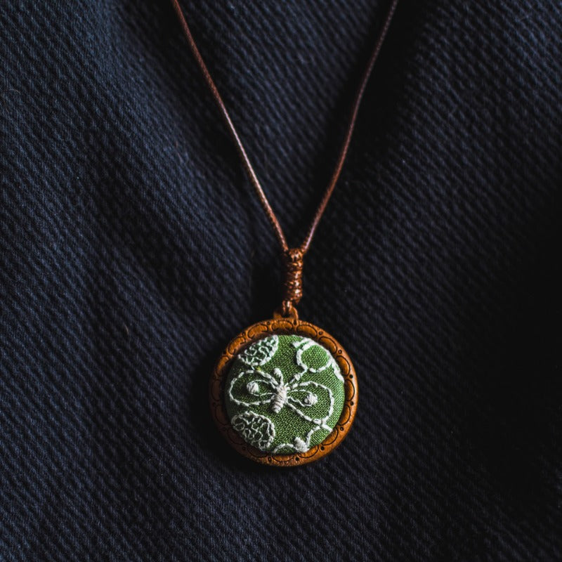 Butterfly Embroidery Wooden Pendant Necklace