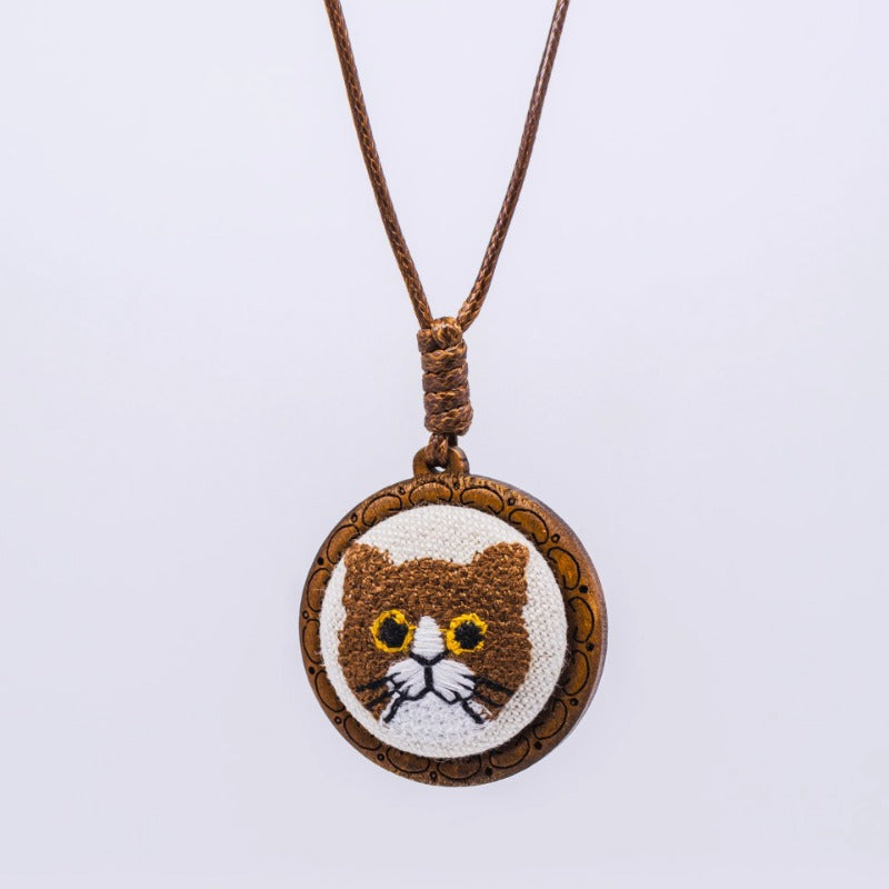 Cat Embroidery Wooden Pendant Necklace