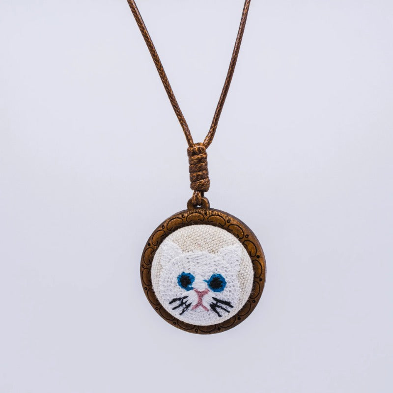 Cat Embroidery Wooden Pendant Necklace