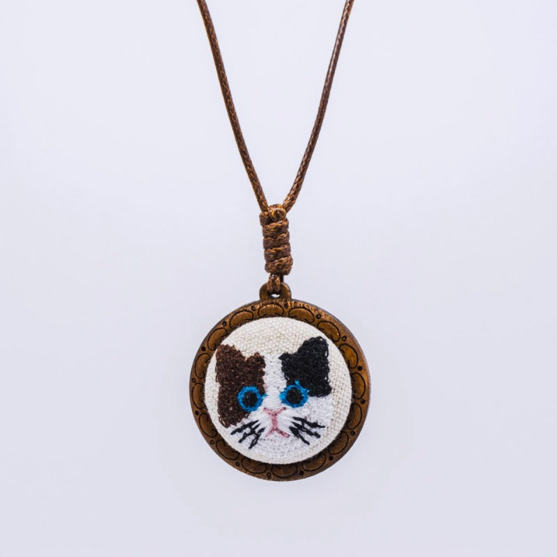 Cat Embroidery Wooden Pendant Necklace