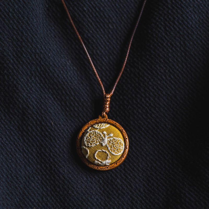 Butterfly Embroidery Wooden Pendant Necklace