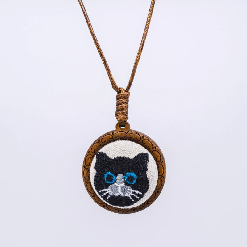 Cat Embroidery Wooden Pendant Necklace
