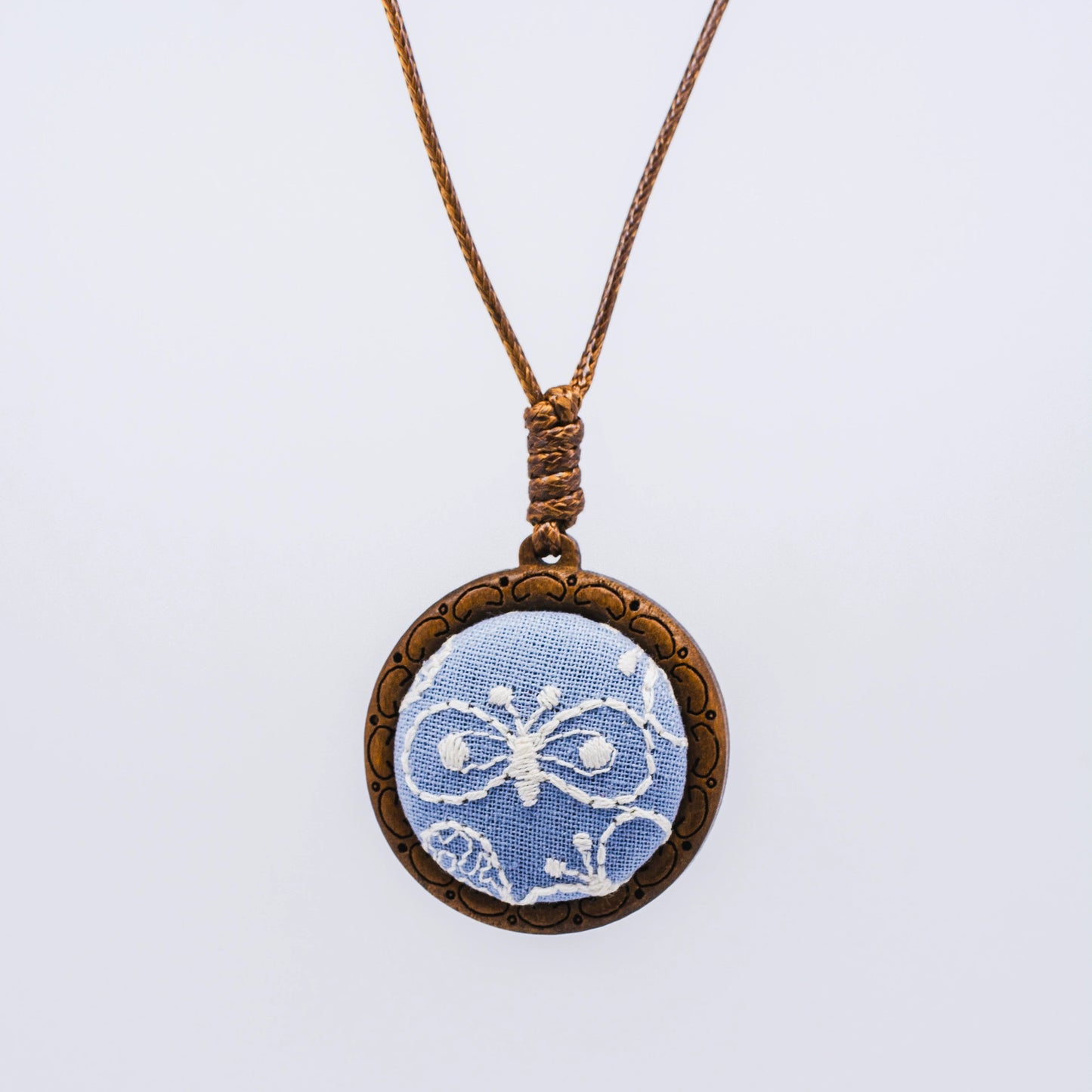 Butterfly Embroidery Wooden Pendant Necklace
