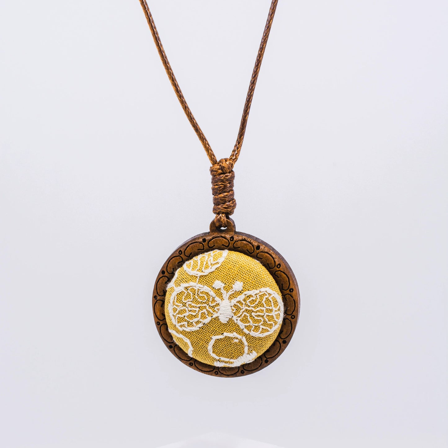 Butterfly Embroidery Wooden Pendant Necklace