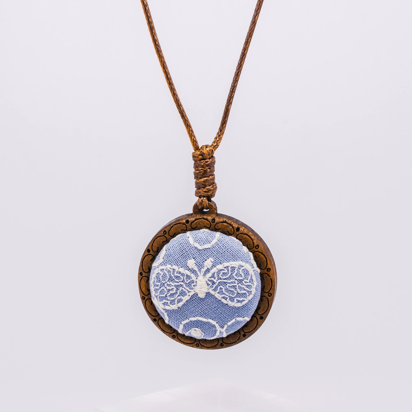 Butterfly Embroidery Wooden Pendant Necklace