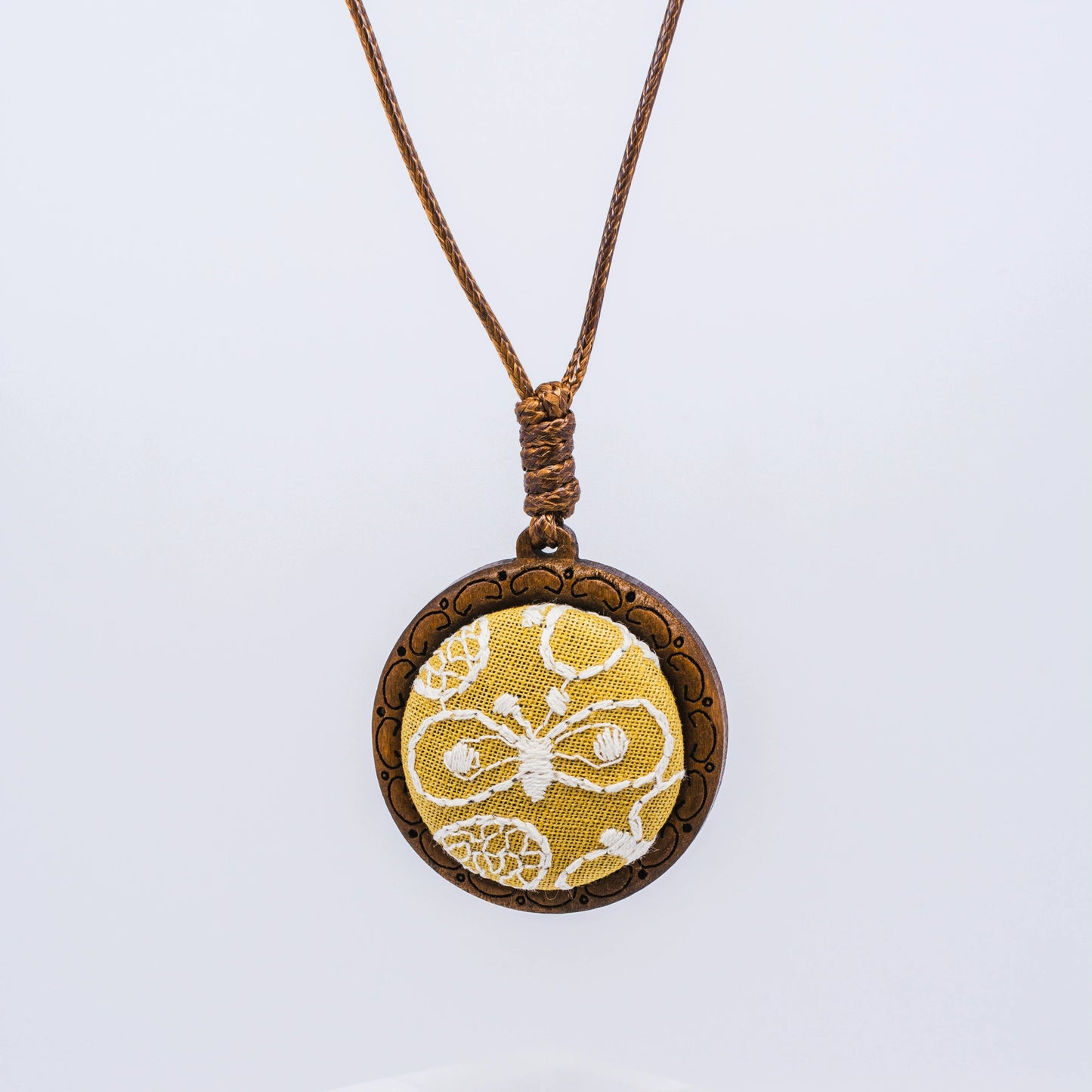 Butterfly Embroidery Wooden Pendant Necklace