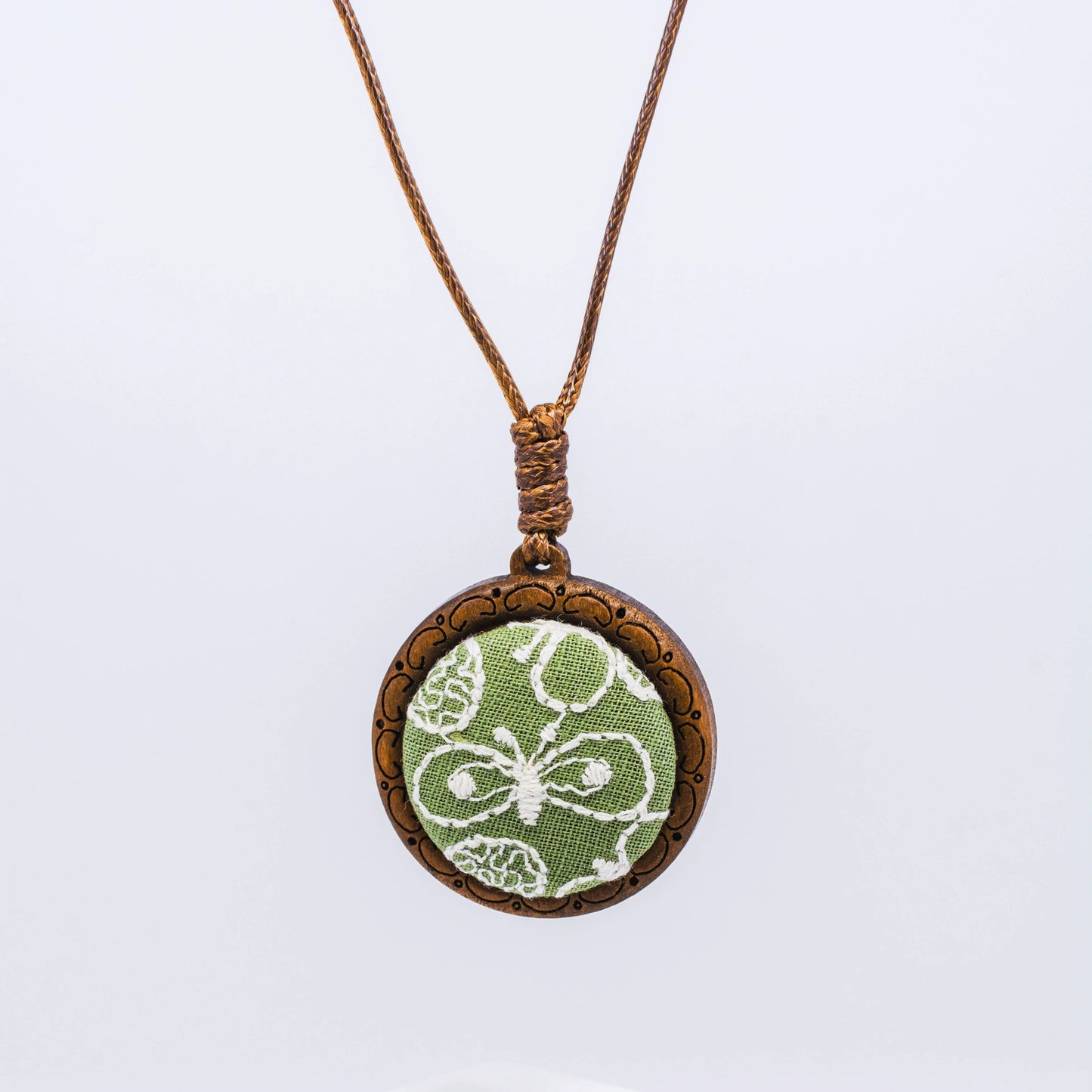 Butterfly Embroidery Wooden Pendant Necklace