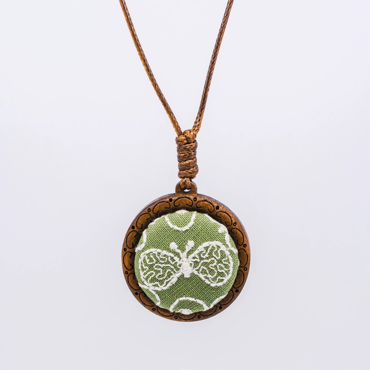 Butterfly Embroidery Wooden Pendant Necklace