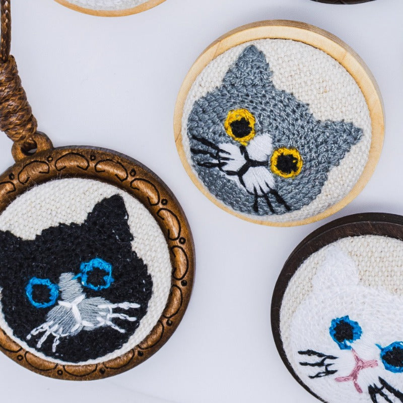 Cat Embroidery Wooden Pendant Necklace