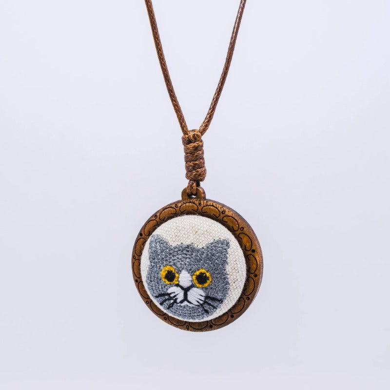 Cat Embroidery Wooden Pendant Necklace