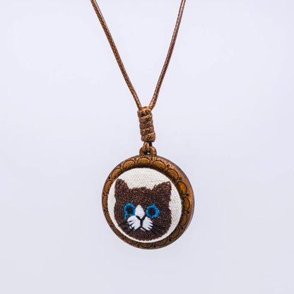 Cat Embroidery Wooden Pendant Necklace