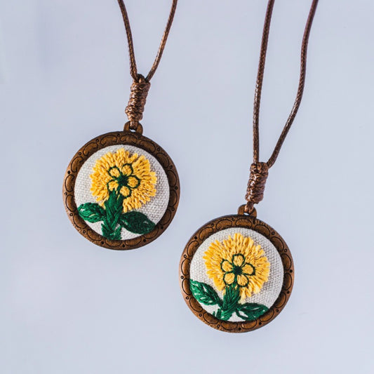 Daisy Embroidery Wooden Pendant Necklace