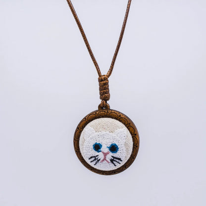 Cat Embroidery Wooden Pendant Necklace