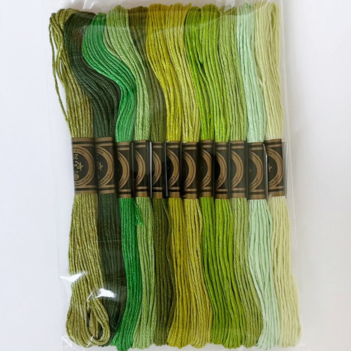 12 Skeins Green Embroidery Floss Set