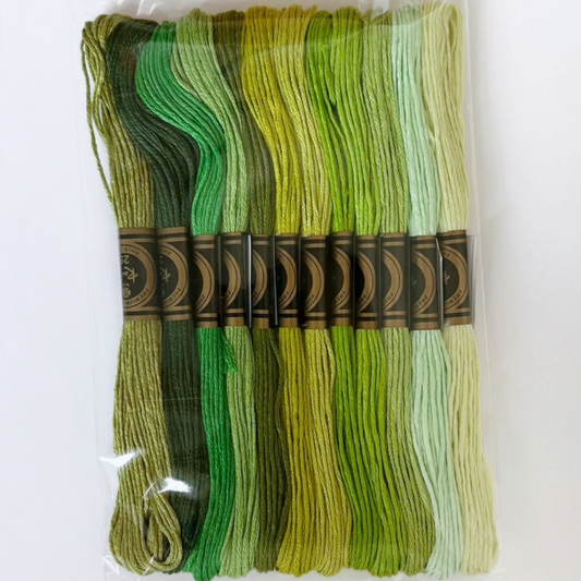 12 Skeins Green Embroidery Floss Set