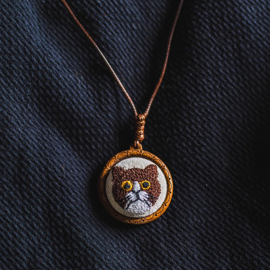 Cat Embroidery Wooden Pendant Necklace