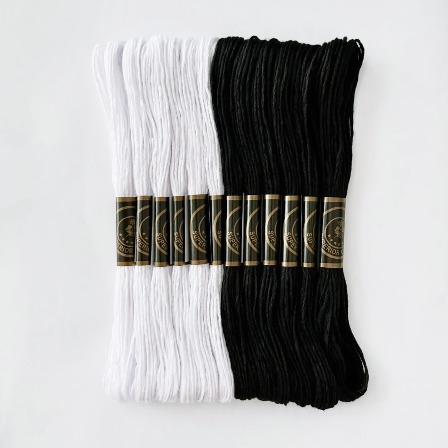 12 Skeins Black White Embroidery Thread Set