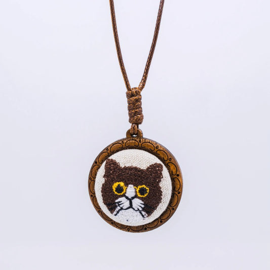 Cat Embroidery Wooden Pendant Necklace